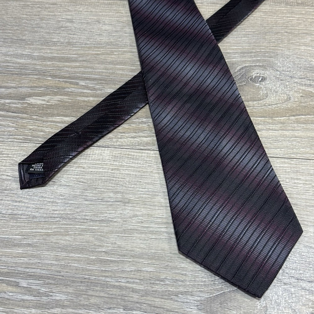 Paul Dione Purple Black Gray Striped Print All 100% Silk Tie 59" Long 4" Wide